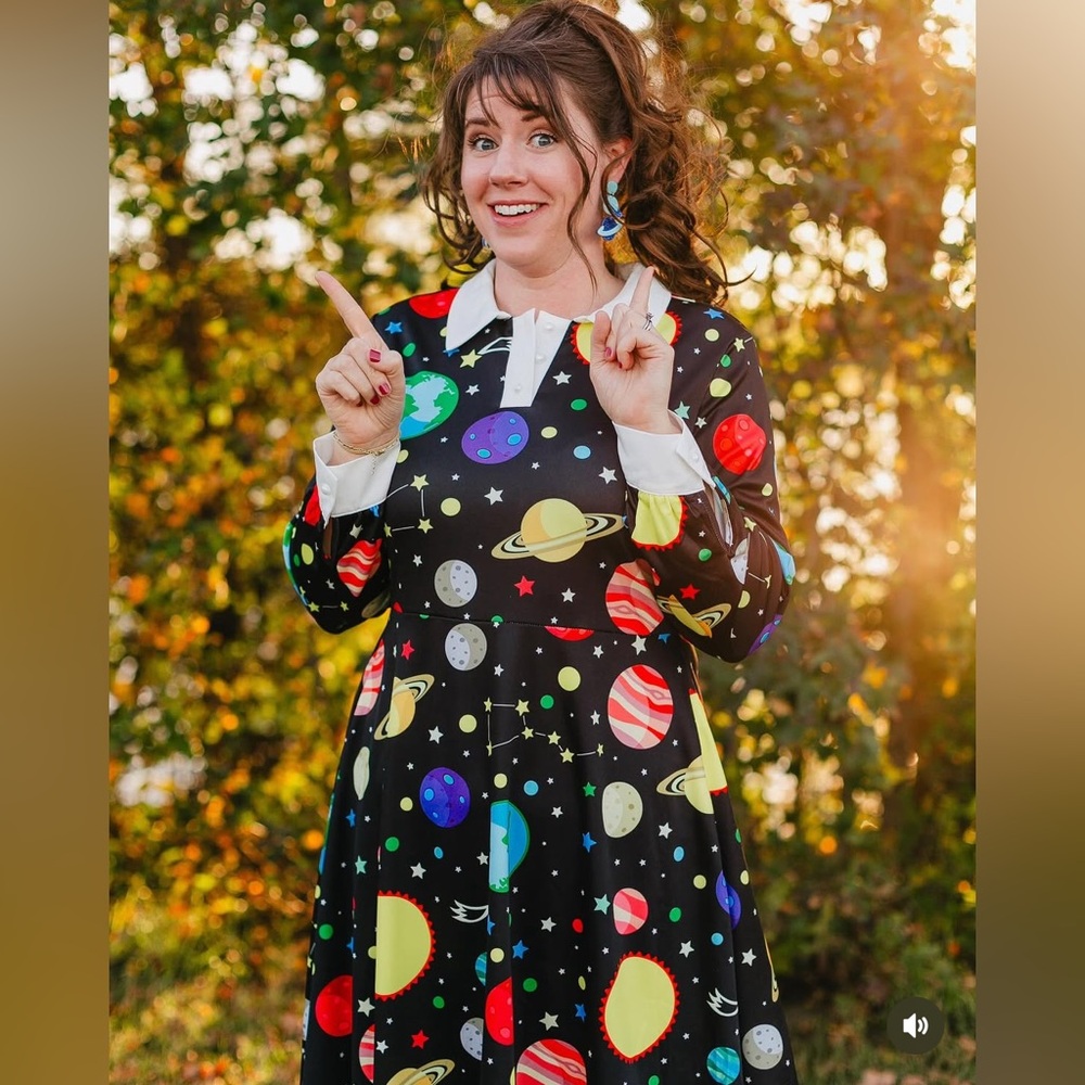 Miss Frizzle Costume Women's Black Space Planet Print Collared Dress